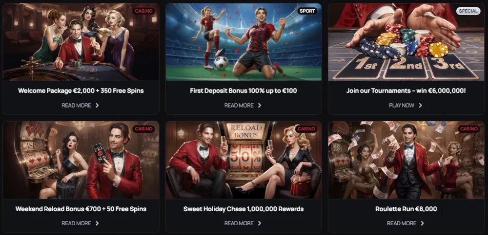 Tableau de bord promotionnel Casinova affichant divers bonus de bienvenue et événements.